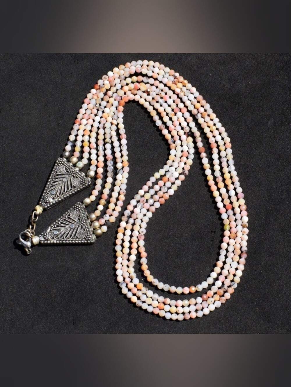 Multi-Strand Pink Opal Beaded Necklace with Silver Accents